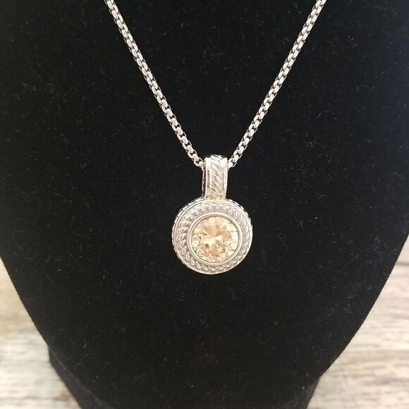 Silvertone Pendant Necklace With Topaz Colored Stone - Picture 2 of 8